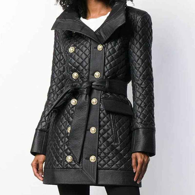 Stand Collar Sheepskin Leather Double-Breasted Coat