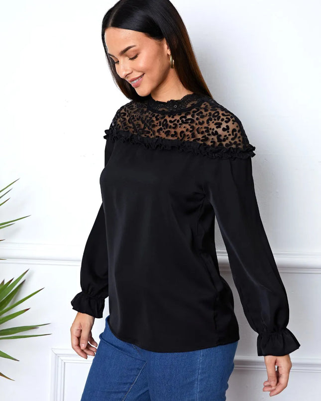 Leopard Frill Flounce Sleeve Blouse