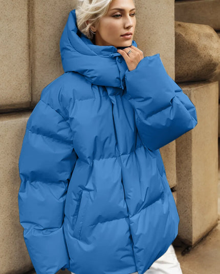 Pocketed Zip Up Hooded Puffer Jacket Sky Blue