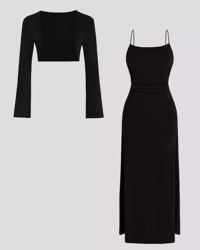 Solid Color Cami Dress & Shrug Set Black