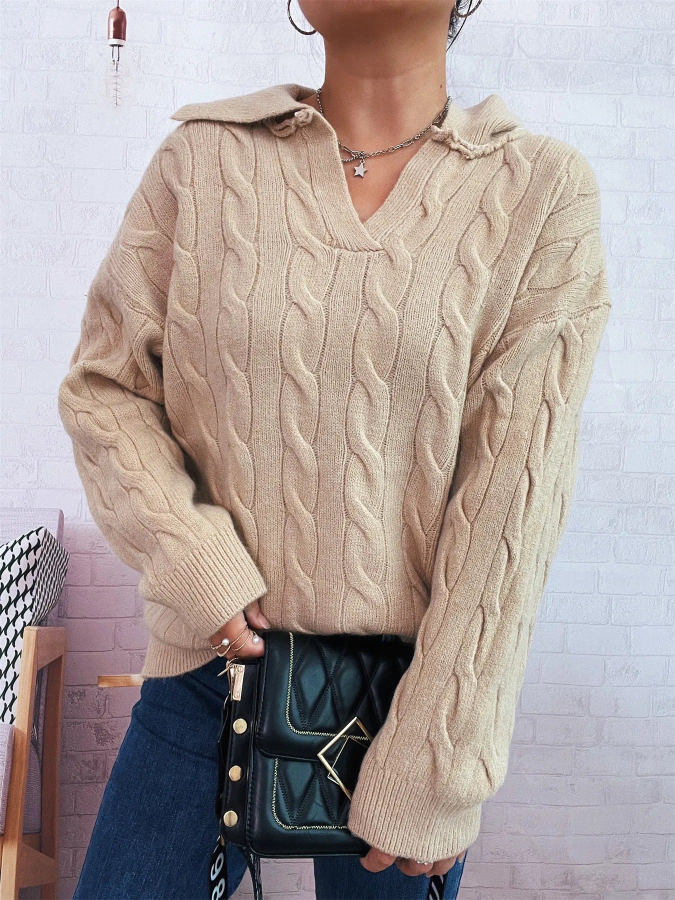 Cable Knit Johnny Collar Sweater
