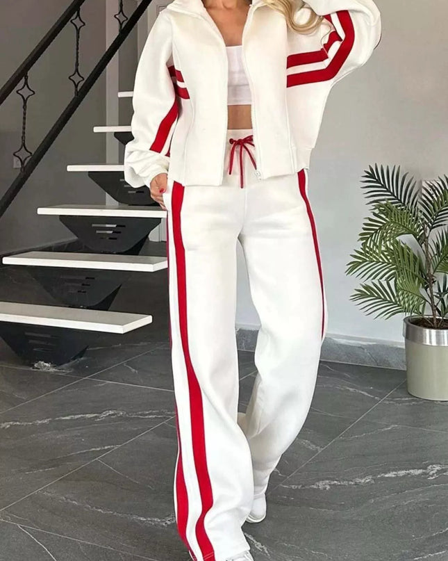 Full Size Contrast Stripe Zip Up Jacket and Pants Set Plus Size White