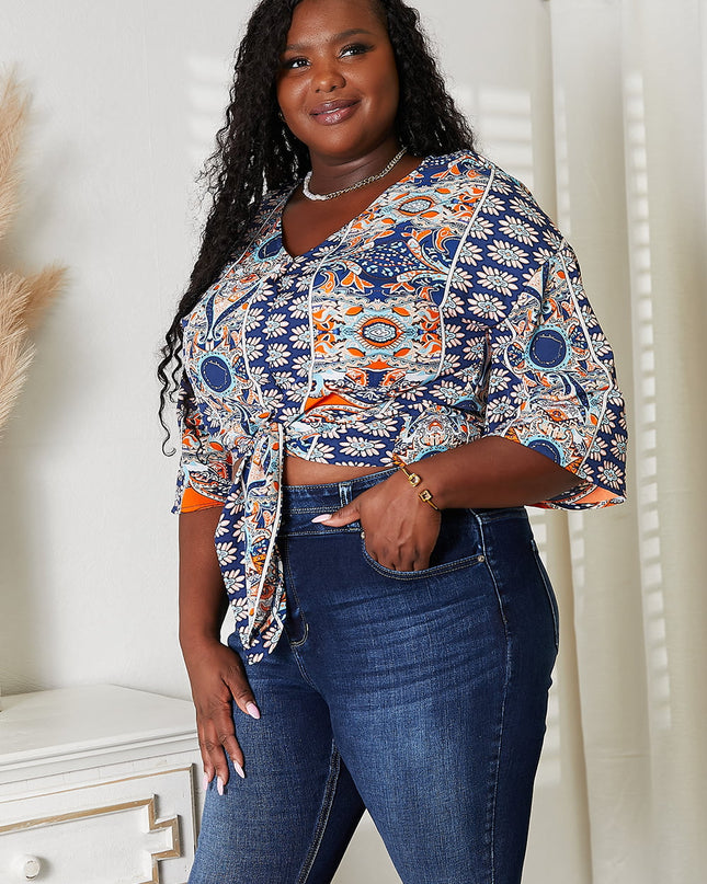 Tie Hem V-Neck Three-Quarter Sleeve Blouse