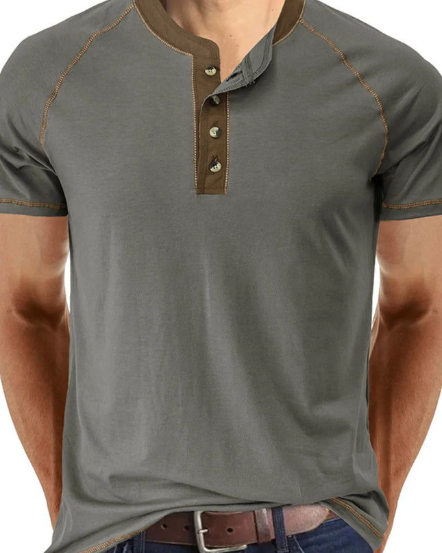 Men's Contrast Trim Henley Polo Shirt Dark Gray