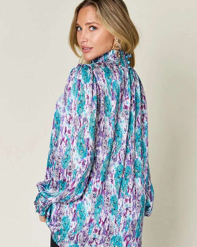 Double Take Full Size Printed Smocked Long Sleeve Blouse