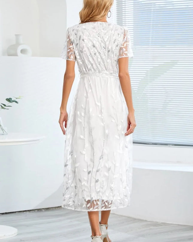 Sequin Leaf Embroidery Tie Front Short Sleeve Dress