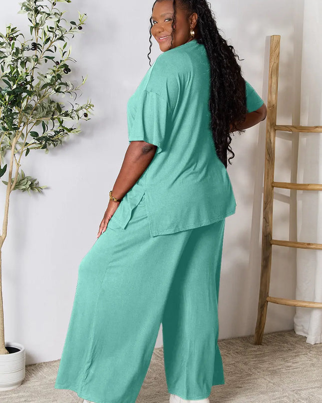 Double Take Full Size Round Neck Slit Top and Pants Set