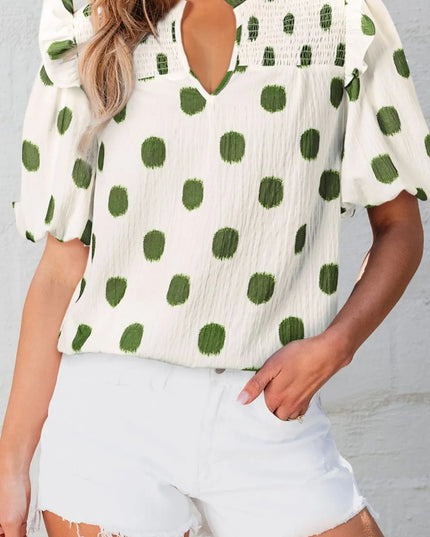 Polka Dot Shirred Yoke Notched Neck Puff Sleeve Blouse Matcha Green