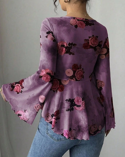 Floral Tie Front Flare Sleeve Blouse
