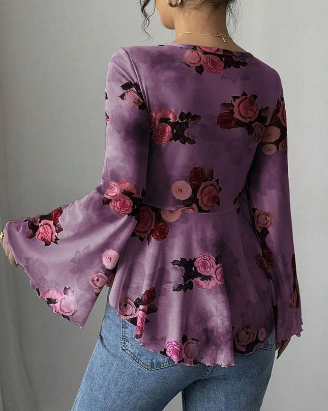 Floral Tie Front Flare Sleeve Blouse