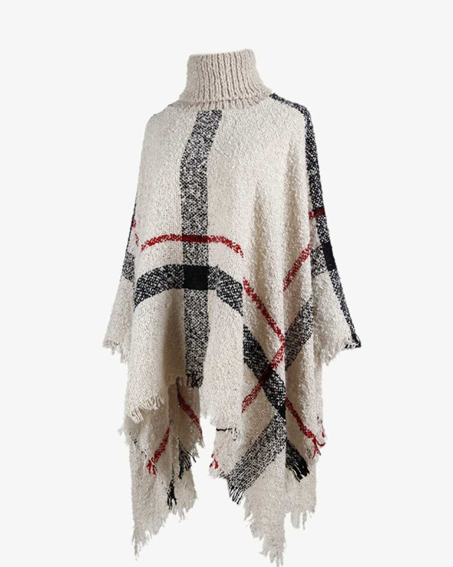 Plaid Turtleneck Raw Hem Poncho