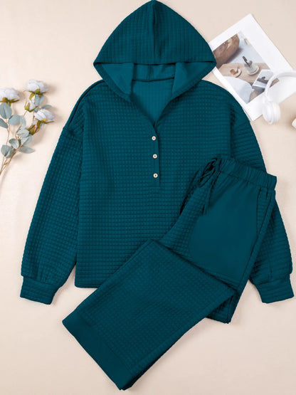 Waffled Textured Raw Edge Patchwork Top and Pants 2pcs Set