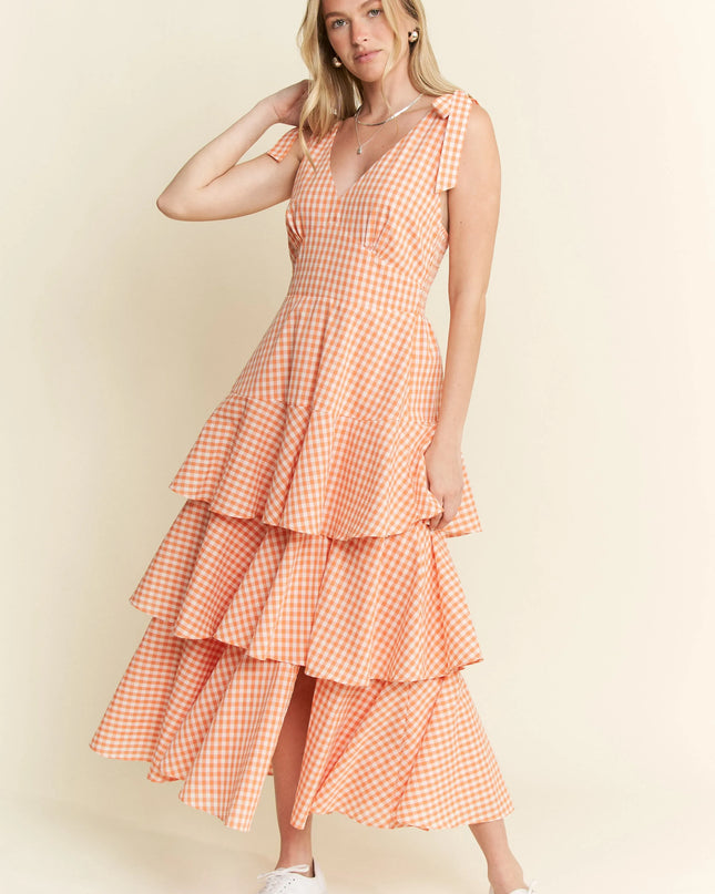 Jade By Jane Sleeveless Gingham Print Tiered Midi Dress ORANGE