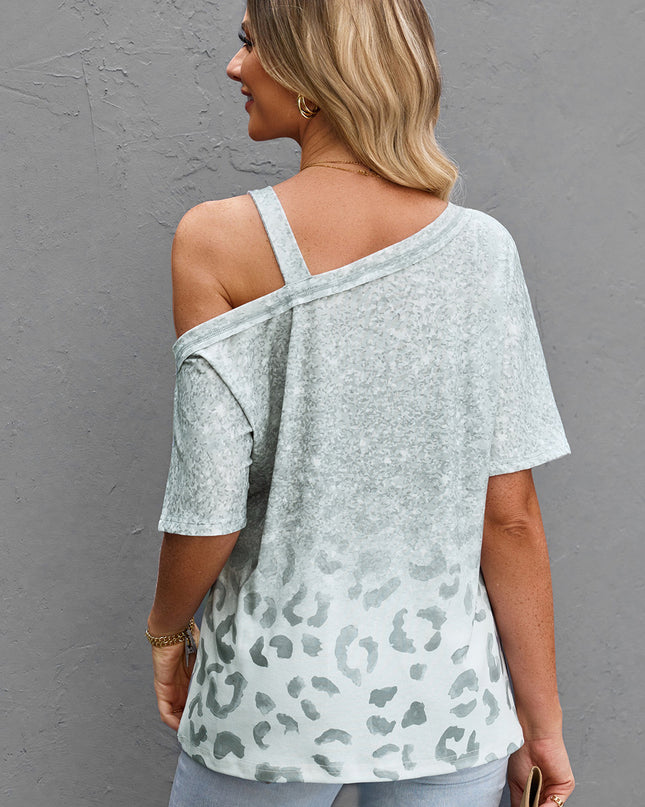 Leopard Asymmetrical Neck Cold-Shoulder Blouse