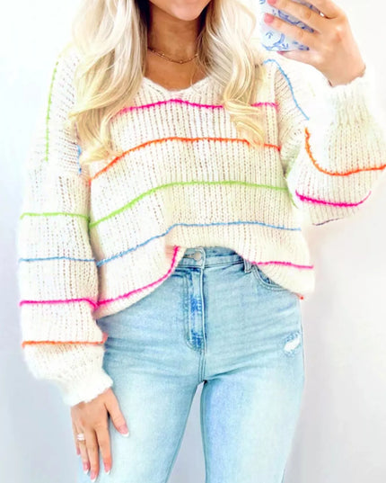Colorful Striped Detail V Neck Drop Shoulder Baggy Sweater White