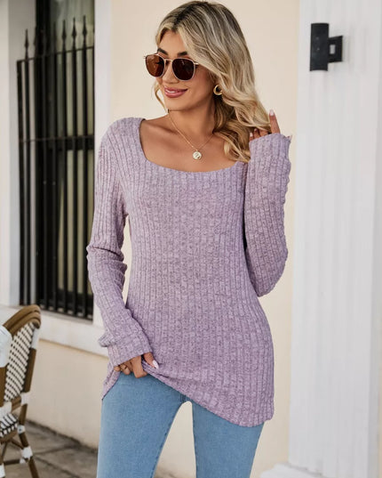 Ribbed Square Neck Long Sleeve T-Shirt