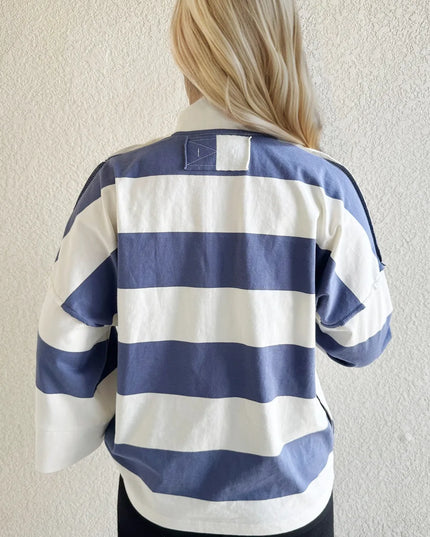 Oh Pima Cotton Wash Striped Half Zip Mock Neck Long Sleeve Top