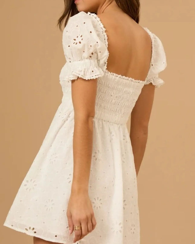 Eyelet Puff Sleeve Smocked Mini Dress