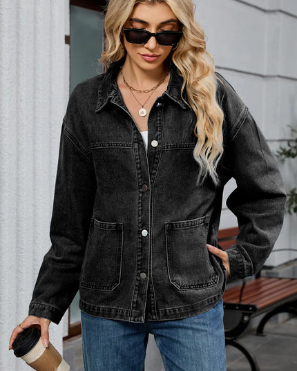 Washed Oversized Button Down Denim Jacket Black Gray