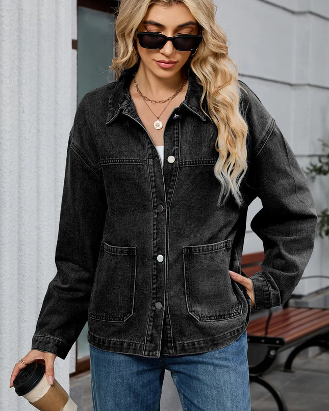 Washed Oversized Button Down Denim Jacket Black Gray