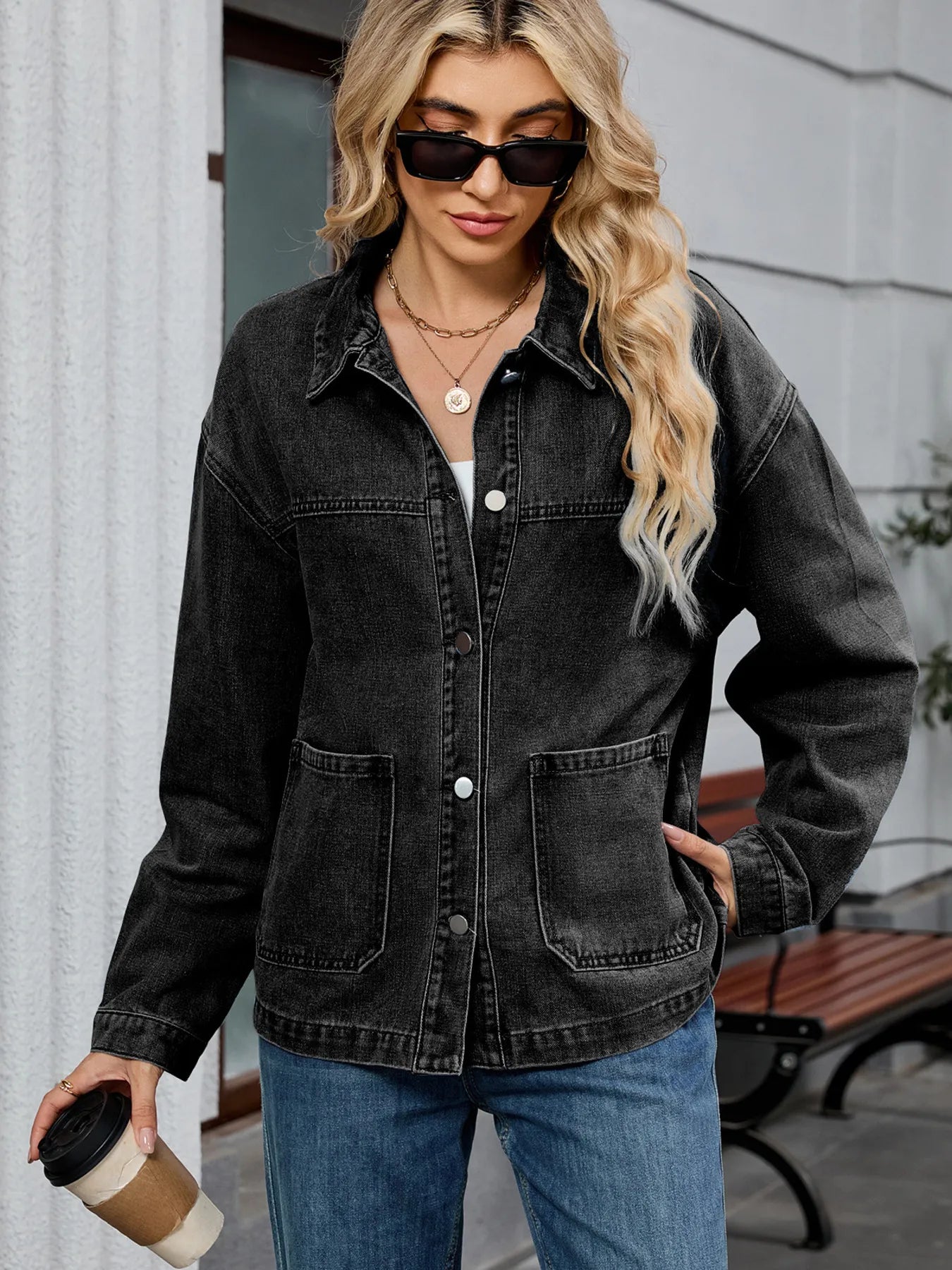 Washed Oversized Button Down Denim Jacket Black Gray