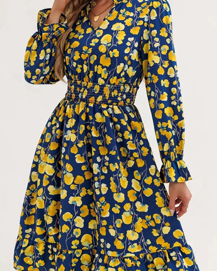 Floral Print Flounce Sleeve Ruffle Hem Dress
