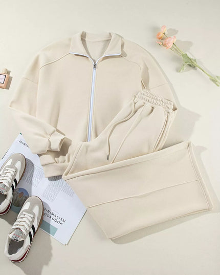 Drop Shoulder Zip Up Jacket and Drawstring Pants Active 2pcs Set