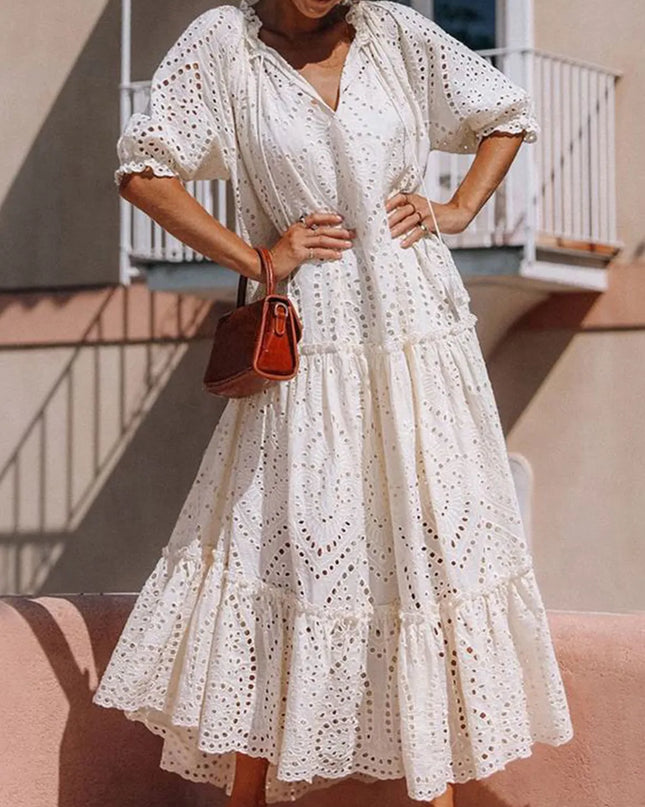 Tie Neck Half Sleeve Tiered Dress 