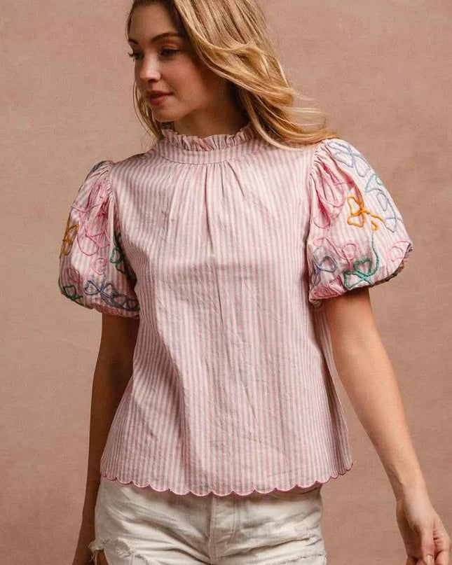 BiBi Embroidery Bubble Sleeve Top With Bottom Scallop Detail