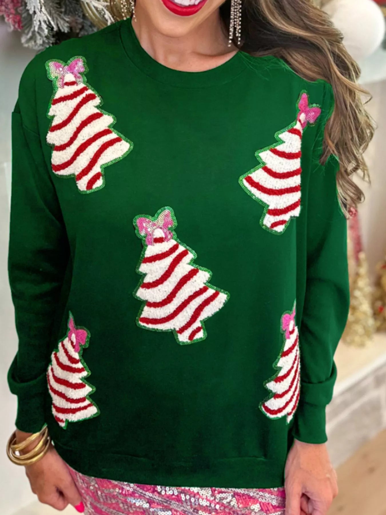 Christmas Tree Sequin Long Sleeve Sweatshirt Green