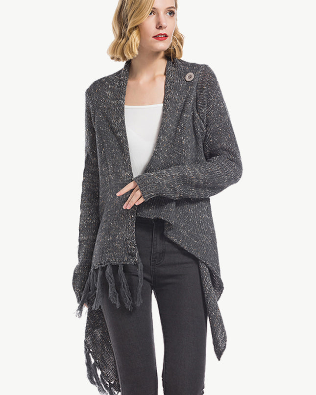 Angel Wings One-Button Tassel Tie Asymmetrical Hem Cardigan Dark Gray