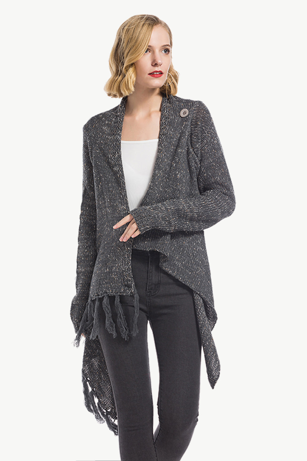 Angel Wings One-Button Tassel Tie Asymmetrical Hem Cardigan Dark Gray