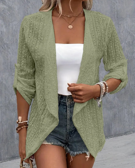 Eyelet Roll-Tab Sleeve Cardigan Sage