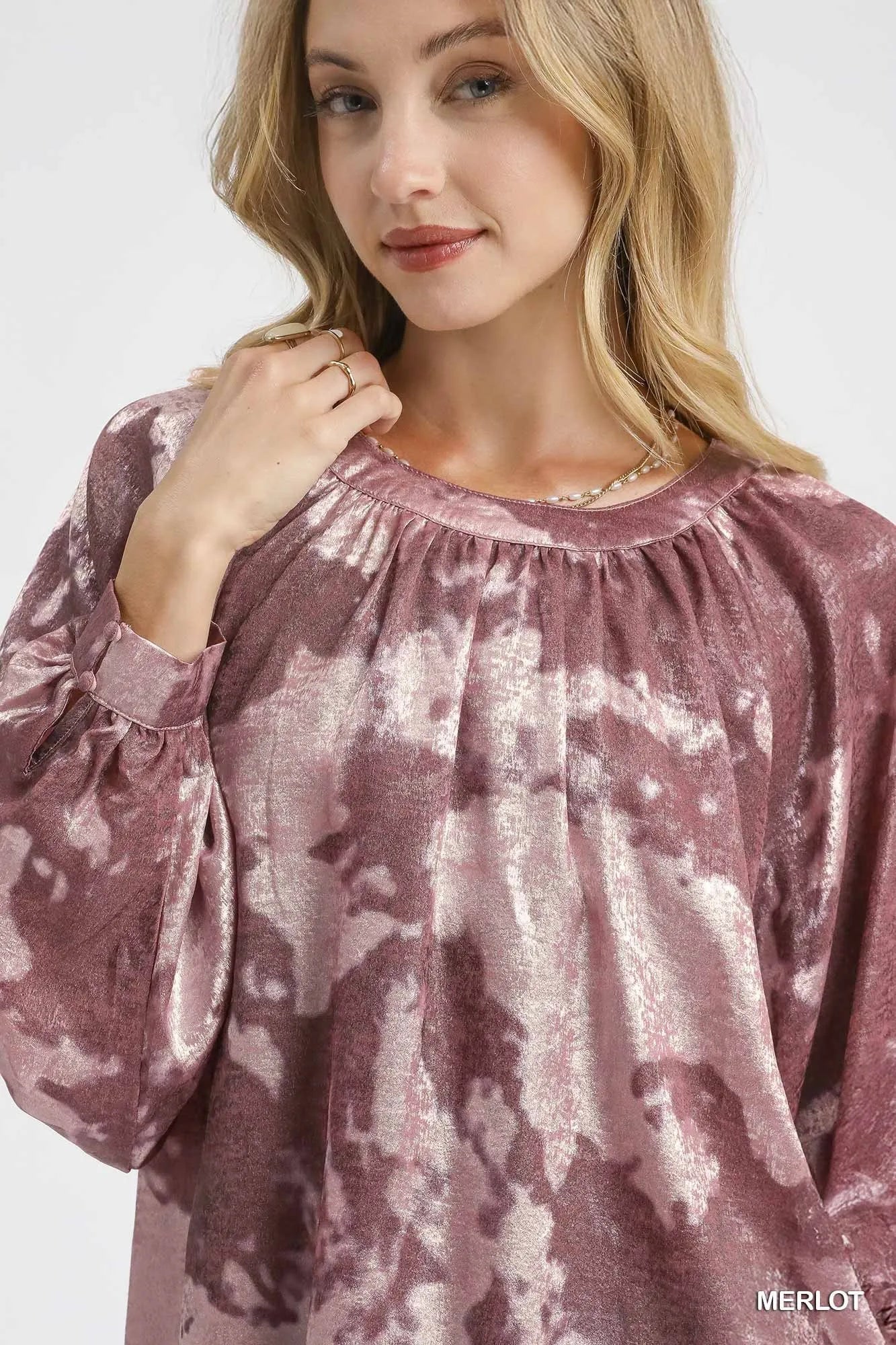 Umgee Metallic Fabric Blouse with Balloon Sleeves