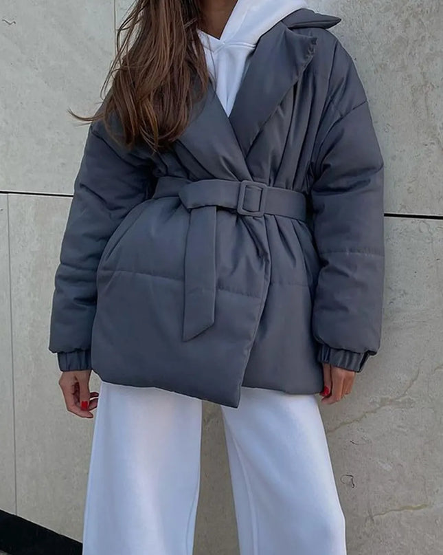 Puffer Long Sleeve Winter Coat with Belt Gray