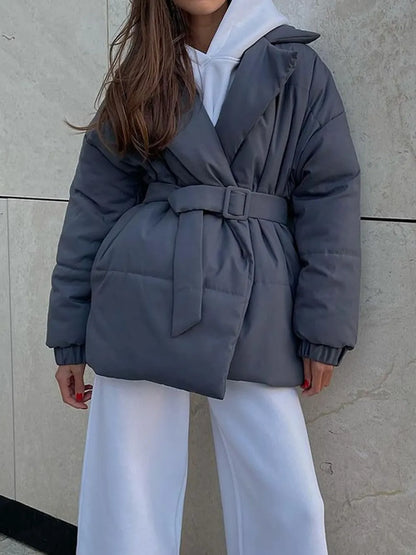 Puffer Long Sleeve Winter Coat with Belt Gray