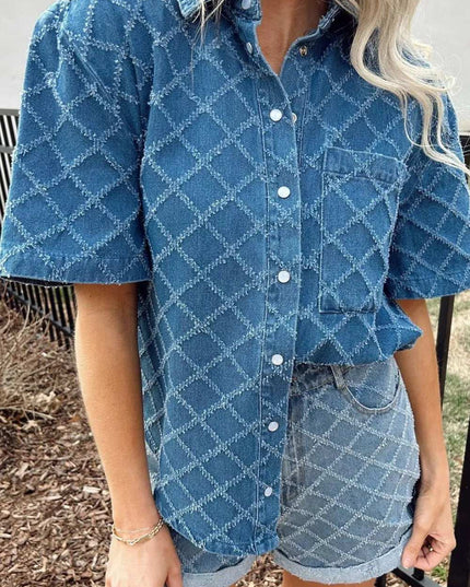 Pocketed Collared Neck Short Sleeve Denim Shirt