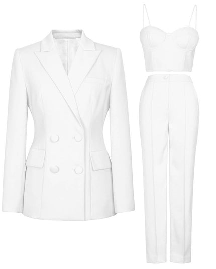 SET062(3) Chic Blazer Set: Elegant Top & Tailored Pants White