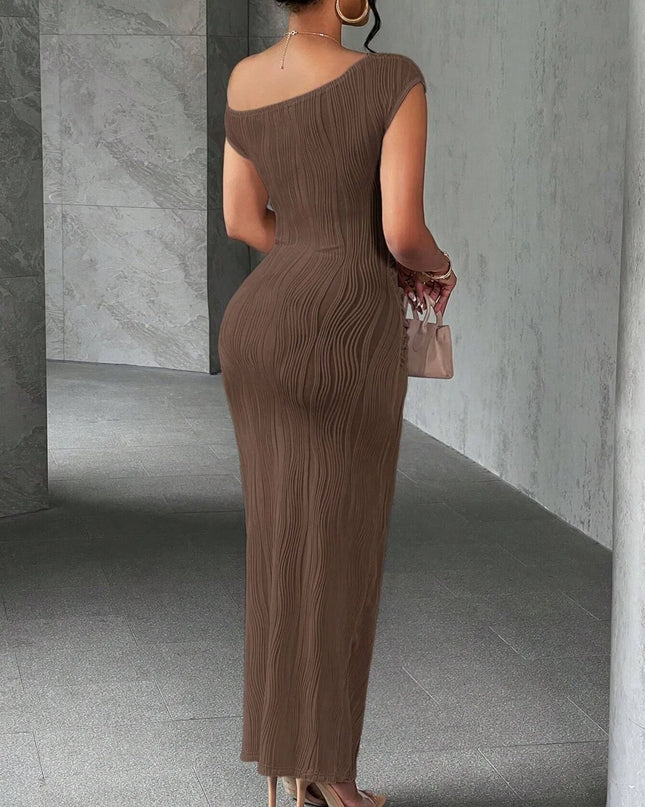 Textured Single Shoulder Bodycon Maxi Dress 