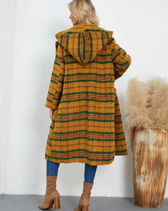 Plaid Long Sleeve Hooded Coat with Pockets