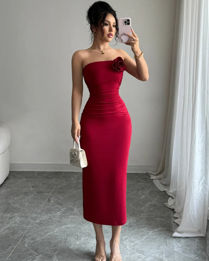 Slit Back Flower Tube Midi Dress 