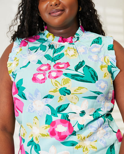 Double Take Floral Print Ruffle Shoulder Blouse