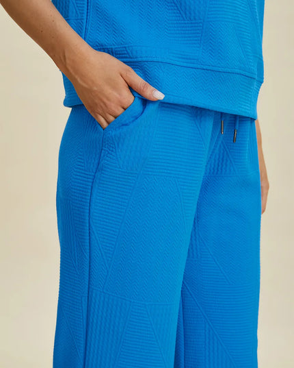 Double Take Full Size Texture Ruffle Short Sleeve Top and Wide Leg Pants Set