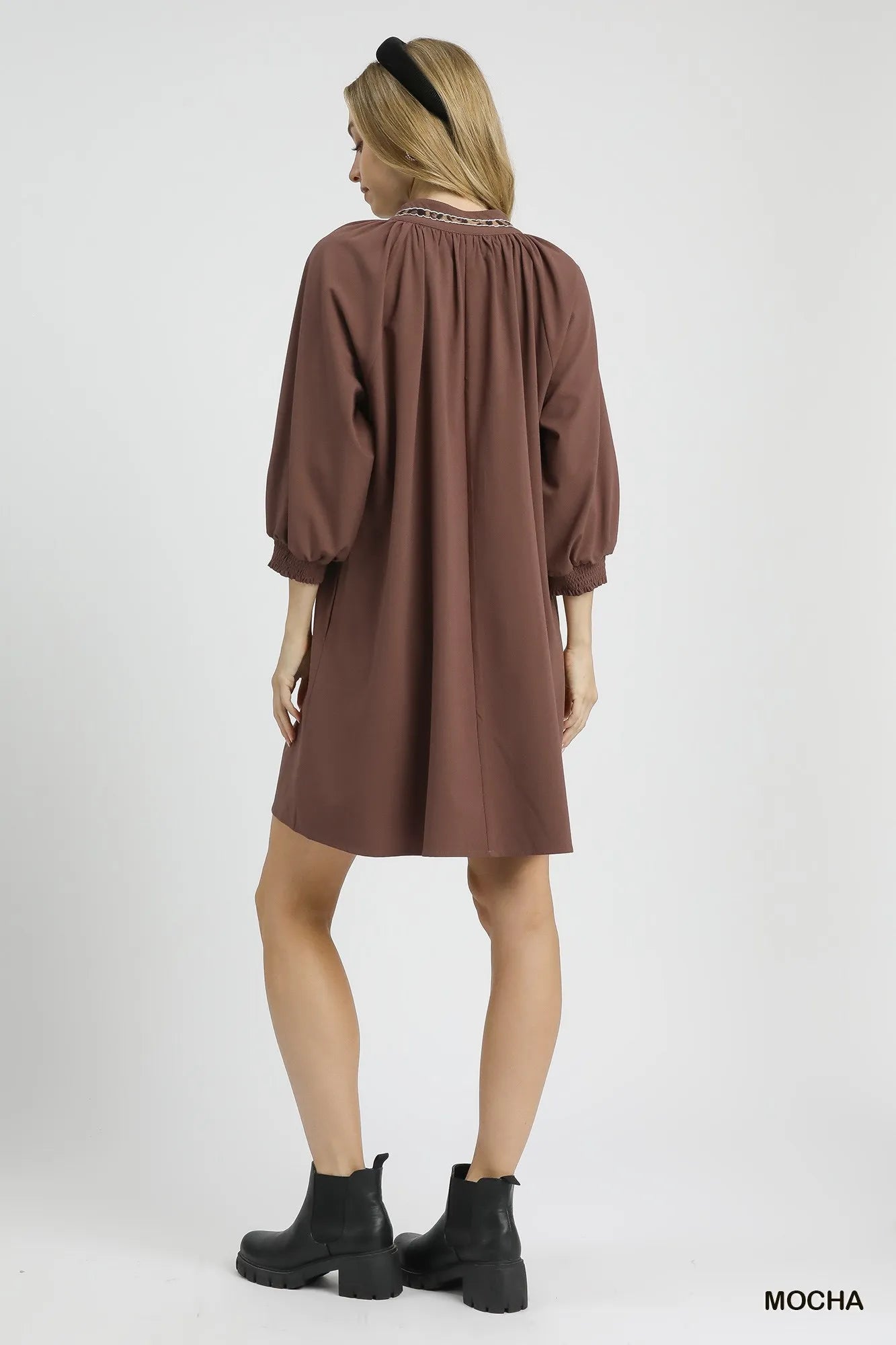 Umgee Notched Shift Dress with Trim Detail