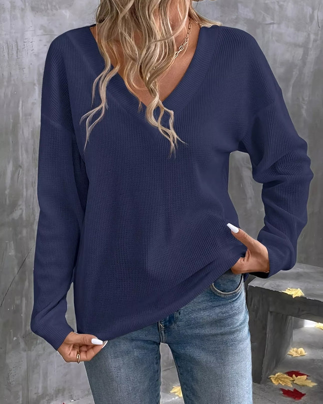 Plus Size V-Neck Long Sleeve Waffle Knit T-Shirt Navy