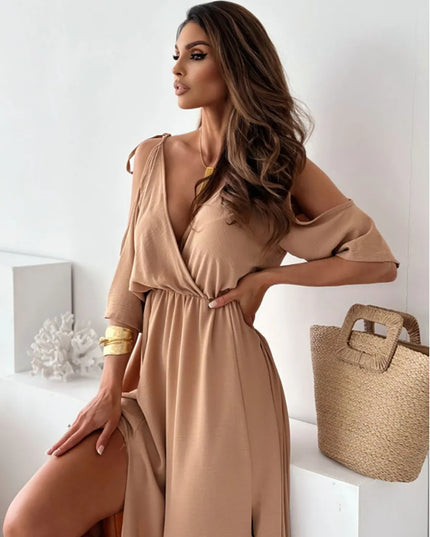 Tied Shoulder Slit Maxi Dress Camel