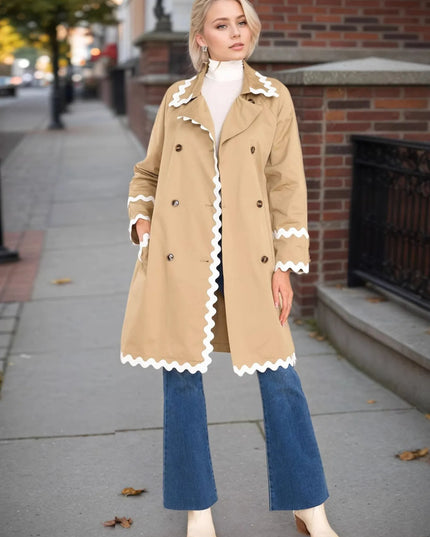 Scalloped Trim Long Sleeve Trench Coat