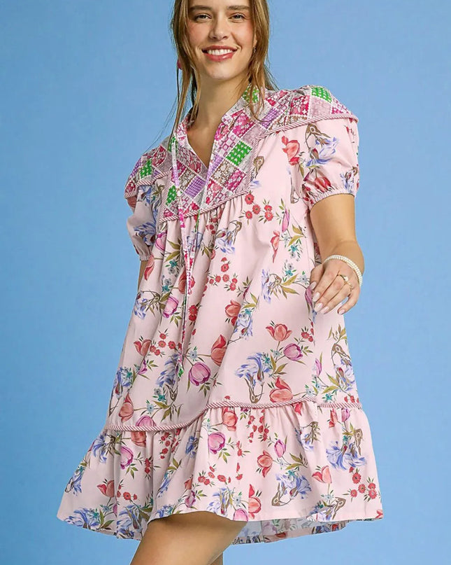 Umgee Floral Print Tie Neck Puff Sleeve Dress Pink