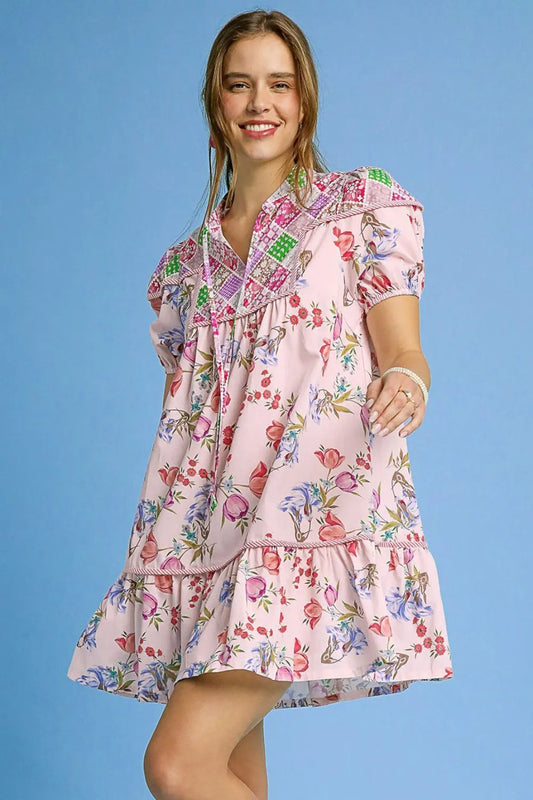 Umgee Floral Print Tie Neck Puff Sleeve Dress Pink