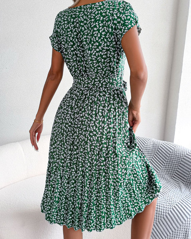 Ditsy Floral Pleated Belted Dress